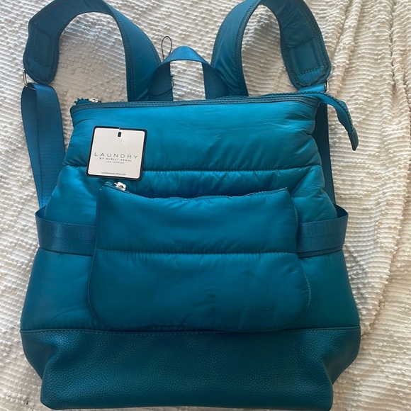 Laundry By Shelli Segal Real Puffer Backpack And Waist Belt Fanny Pack Teal Blue - Picture 1 of 9